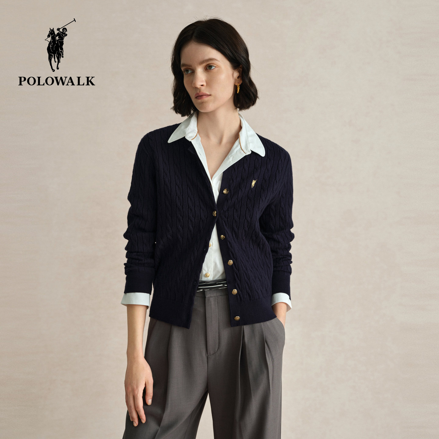 POLOWALK女式绞花长袖开衫图片