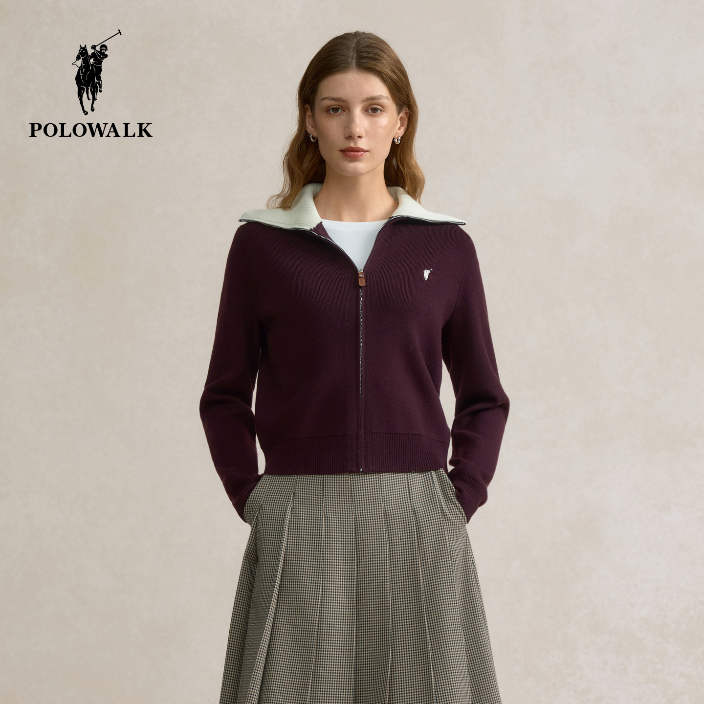 POLOWALK女式长袖针织衫2025秋季新品翻领拉链开衫上衣外套