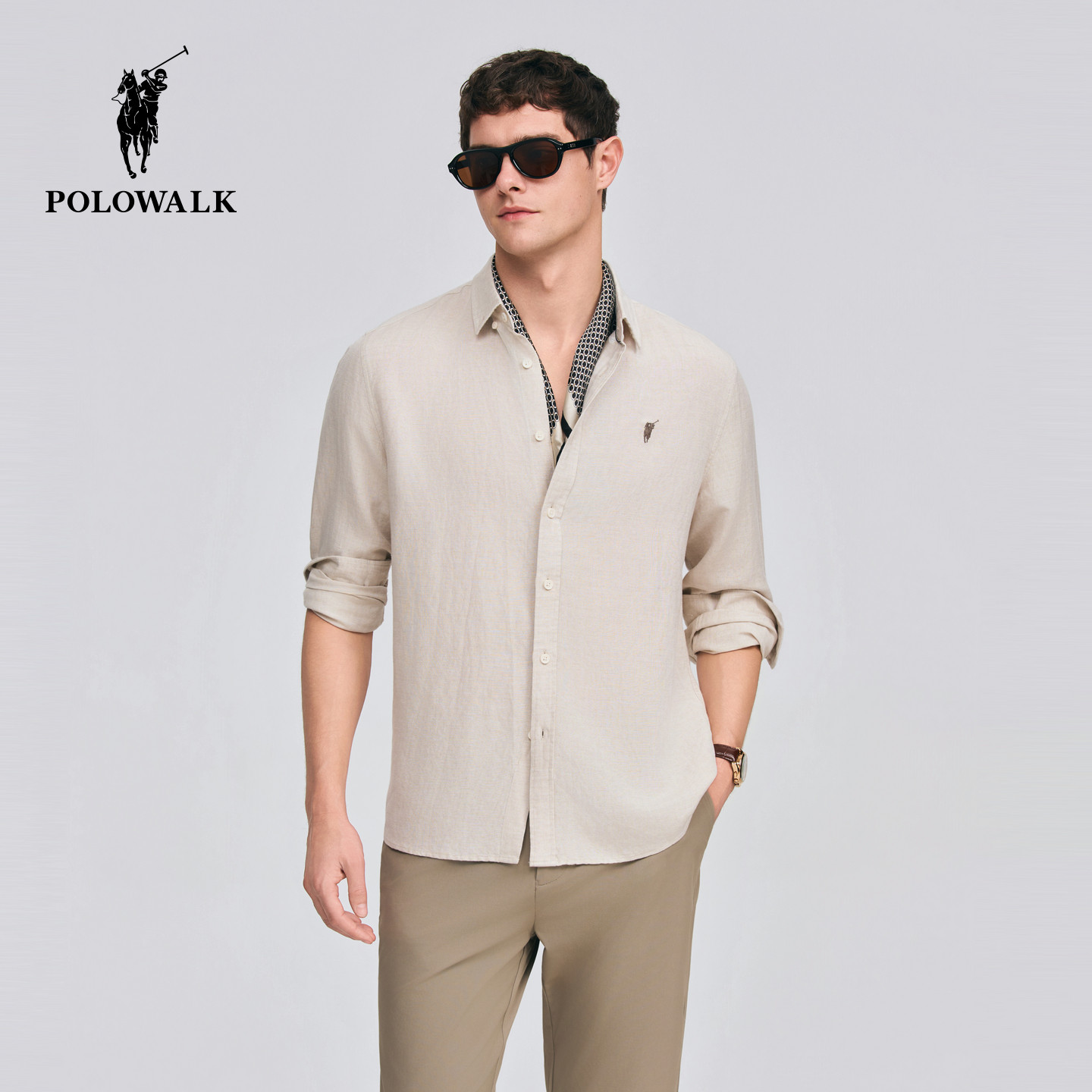 POLOWALK男式长袖衬衫2026春季新品简约纯色亚麻混纺纽扣领衬衣