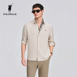 POLOWALK男式长袖衬衫2026春季新品简约纯色亚麻混纺纽扣领衬衣