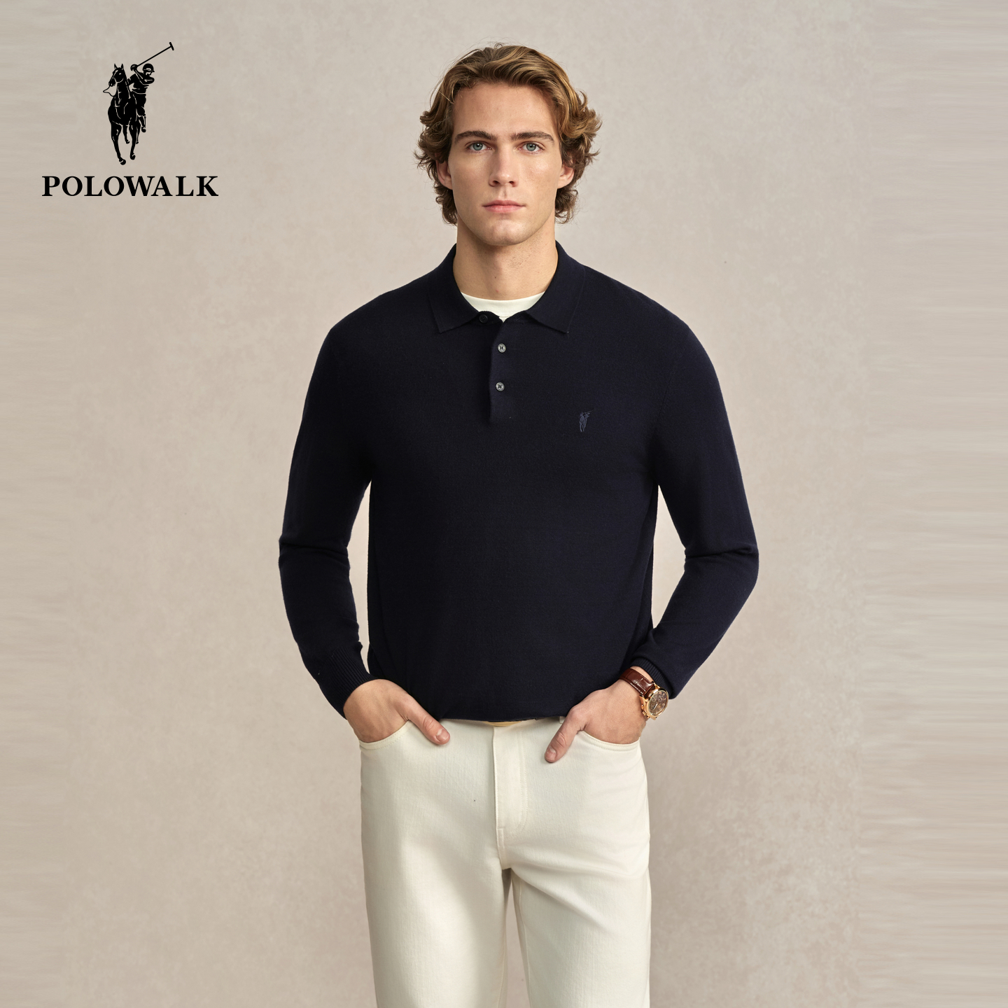 POLOWALK男式针织衫2025秋季新品男装纯色百搭休闲翻领打底衫上衣