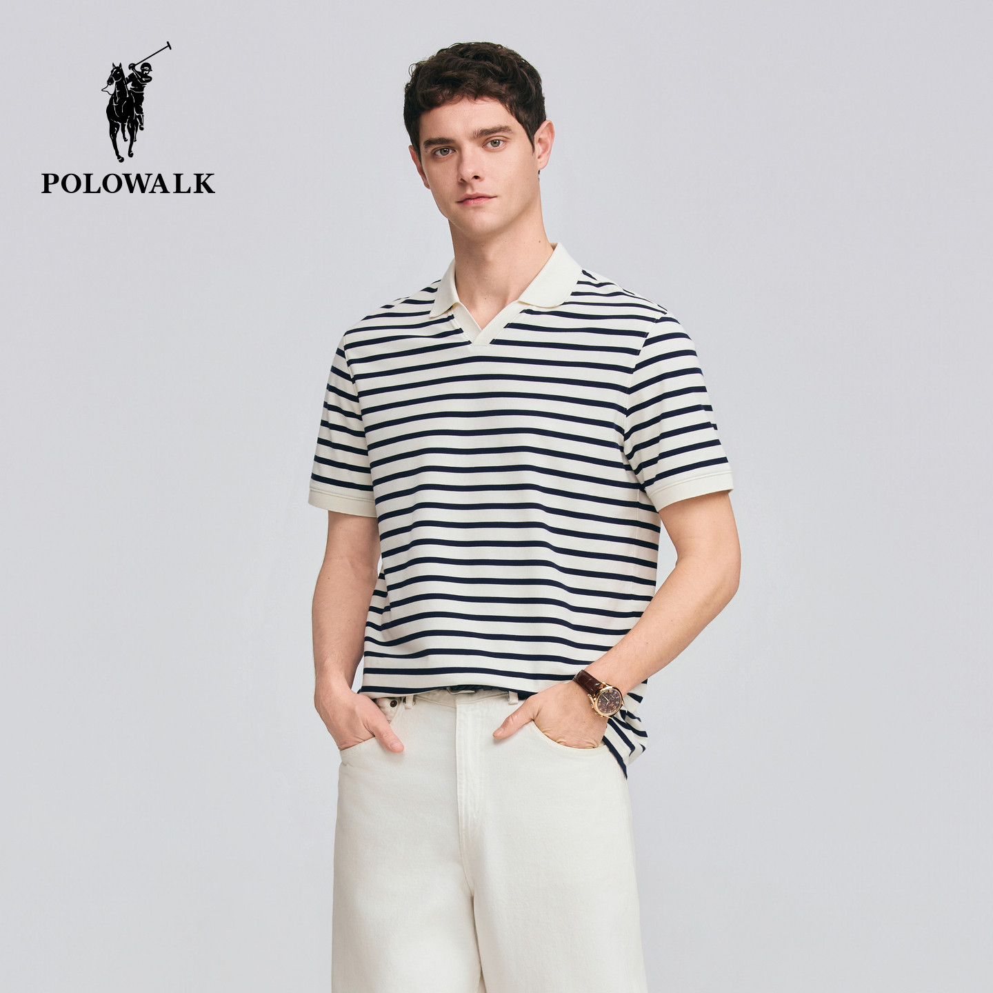 POLOWALK男式短袖POLO衫2026夏季新品剪刀领条纹短袖商务POLO衫