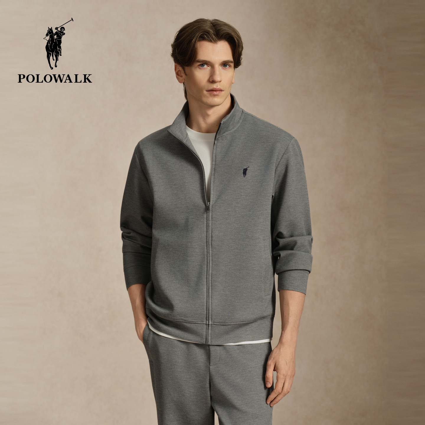 POLOWALK男式卫衣2026秋季新品拉链运动休闲纯色小马刺绣外套套装
