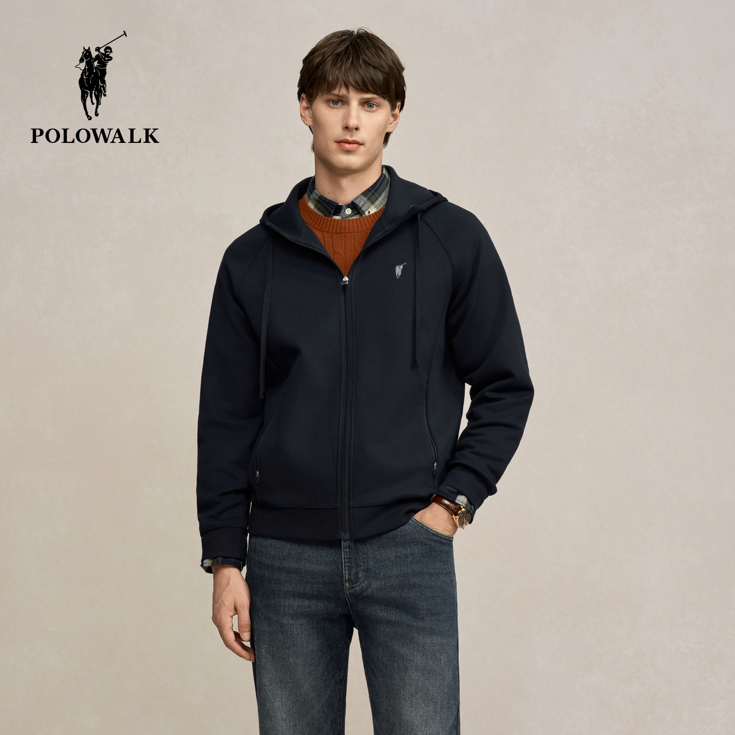 POLOWALK男式卫衣2025冬季新品简约休闲百搭加绒保暖连帽外套男