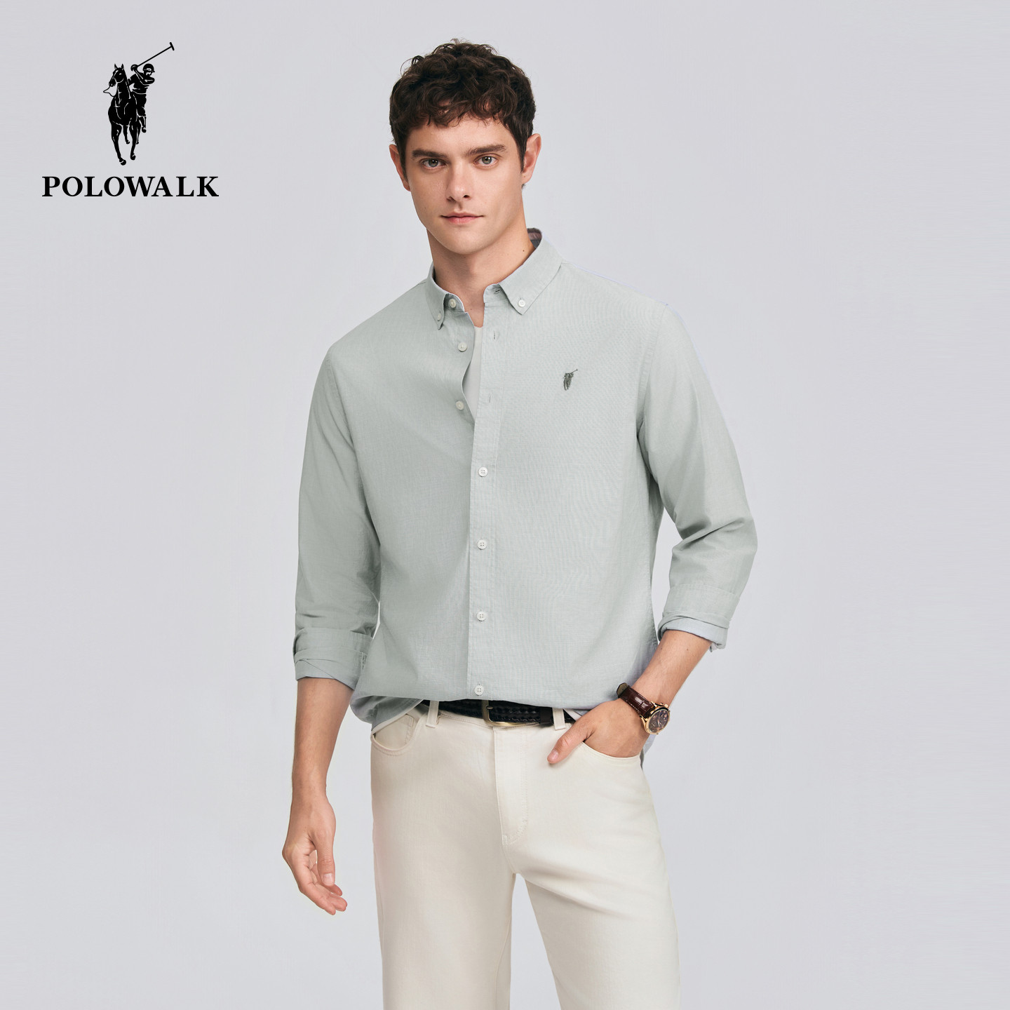 【100%棉】POLOWALK男装2026春季新品男式长袖衬衫纯色通勤衬衣男