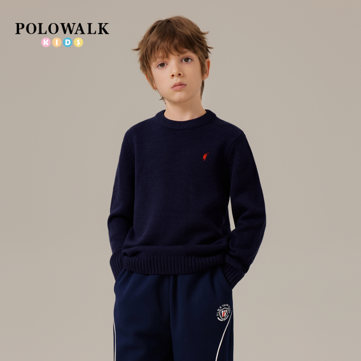 POLOWALK童装男童羊毛衫2025秋冬新品时尚百搭圆领保暖套头打底衫