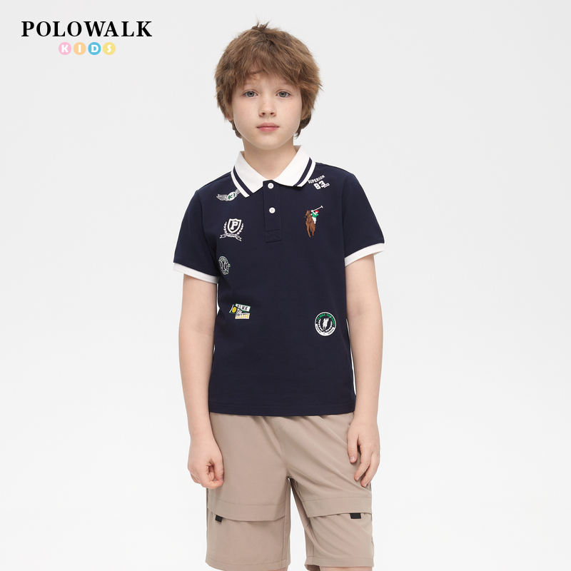 POLOWALK童装男童短袖T恤2025夏季新品珠地棉学院风休闲打底衫