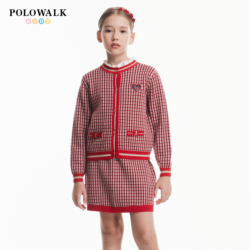 POLOWALK童装女童格纹长袖套装春季新年红色针织半裙套装