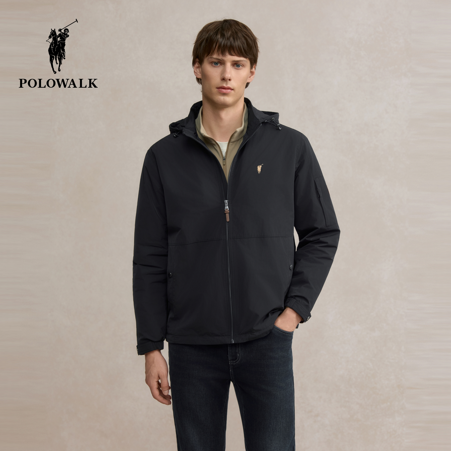 POLOWALK男式夹克2025冬季新品简约立领户外通勤连帽加绒外套男装