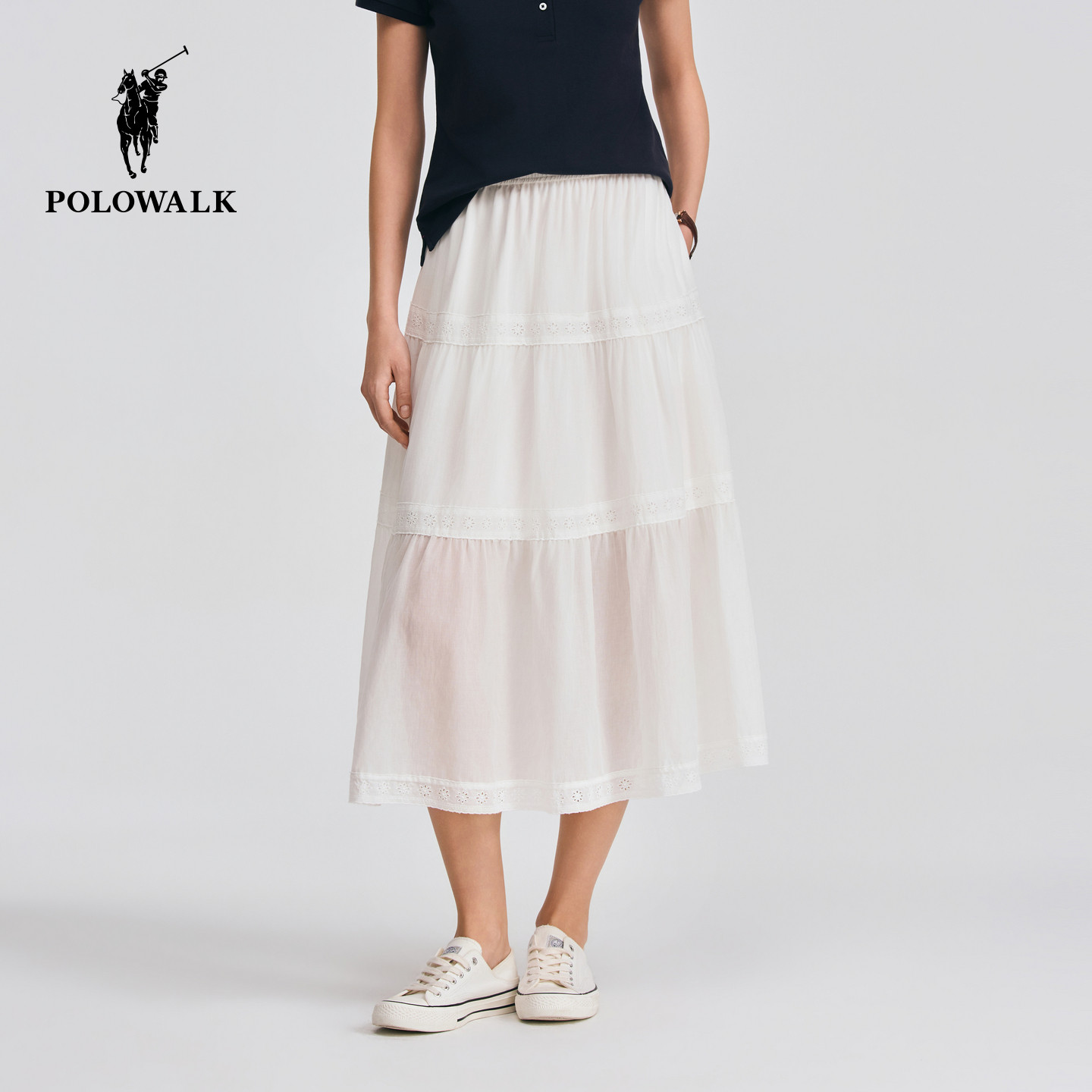 POLOWALK女式半裙2026春夏裤新品松紧腰层次感白色A字百搭半身裙
