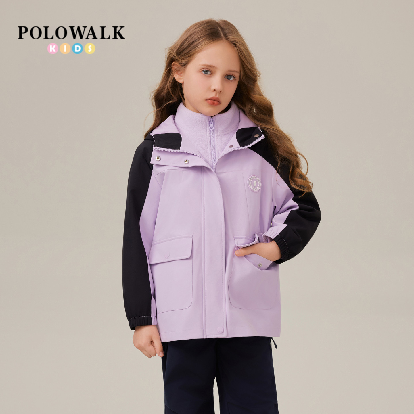 POLOWALK童装女童刺绣外套秋冬撞色两件套连帽衣大童外套