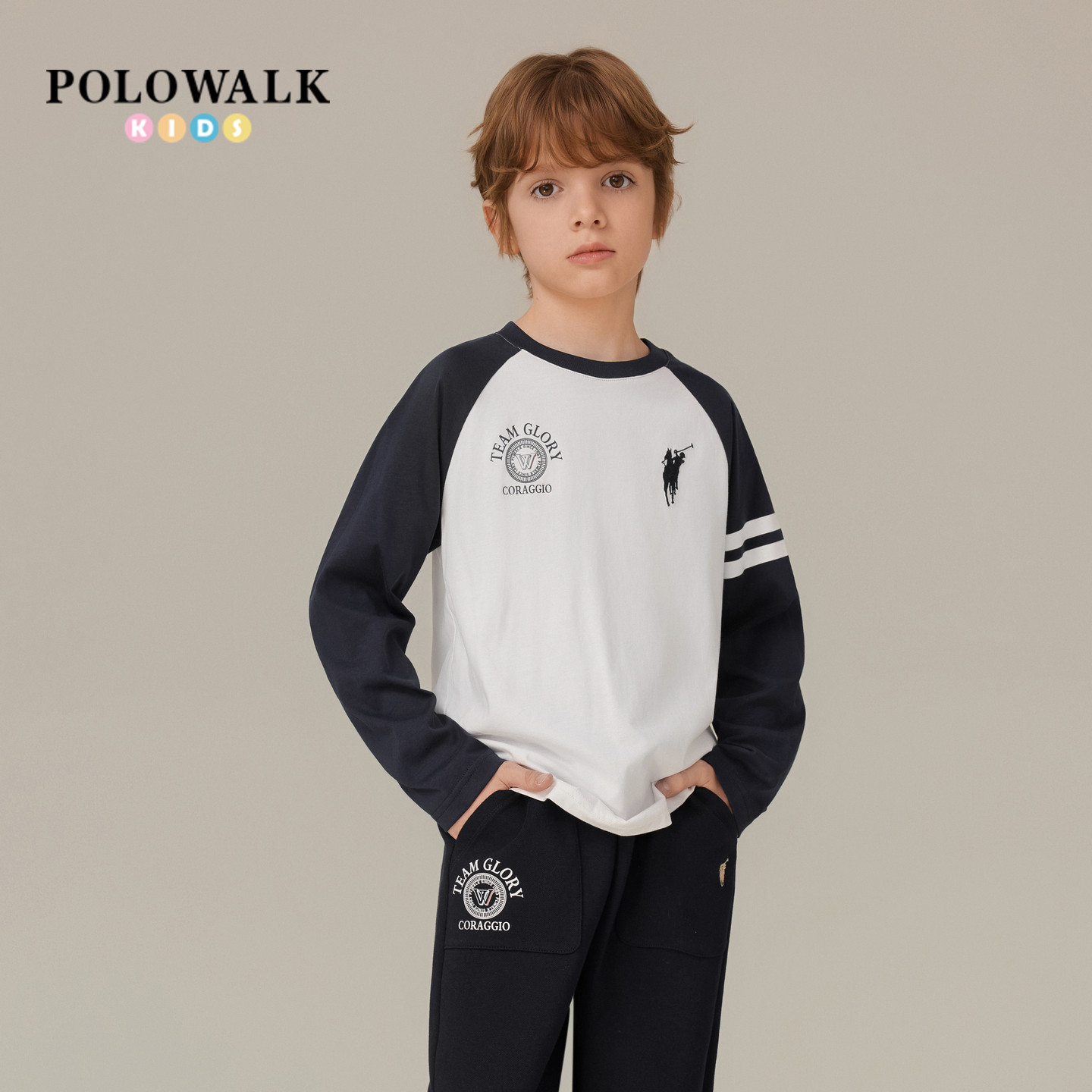 POLOWALK男童撞色拼接长袖T恤图片