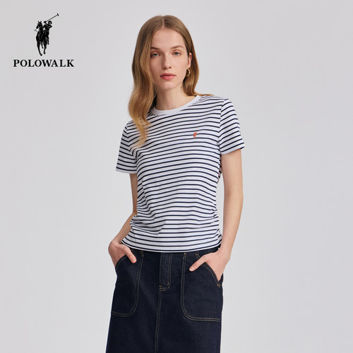 POLOWALK女式短袖T恤圆V领条纹