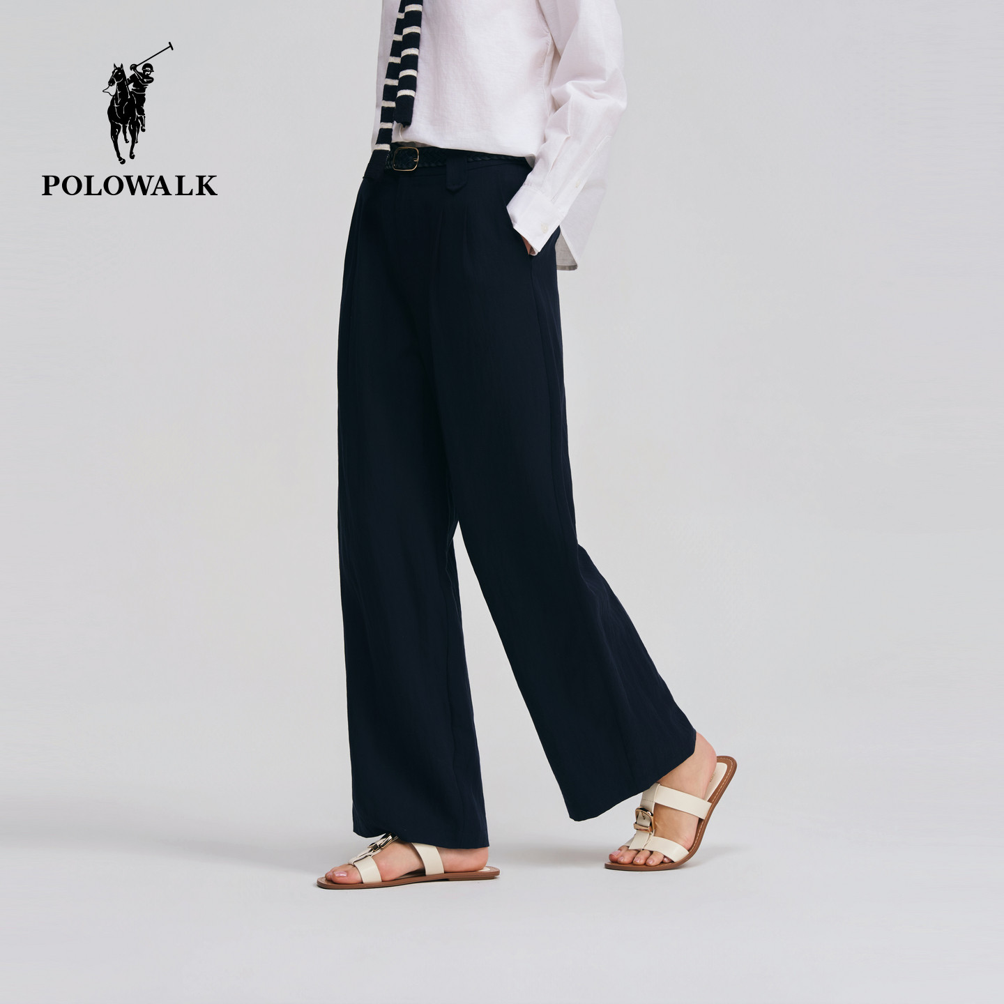 POLOWALK女式休闲裤2026春季新品亚麻混纺编织腰带直筒休闲长裤