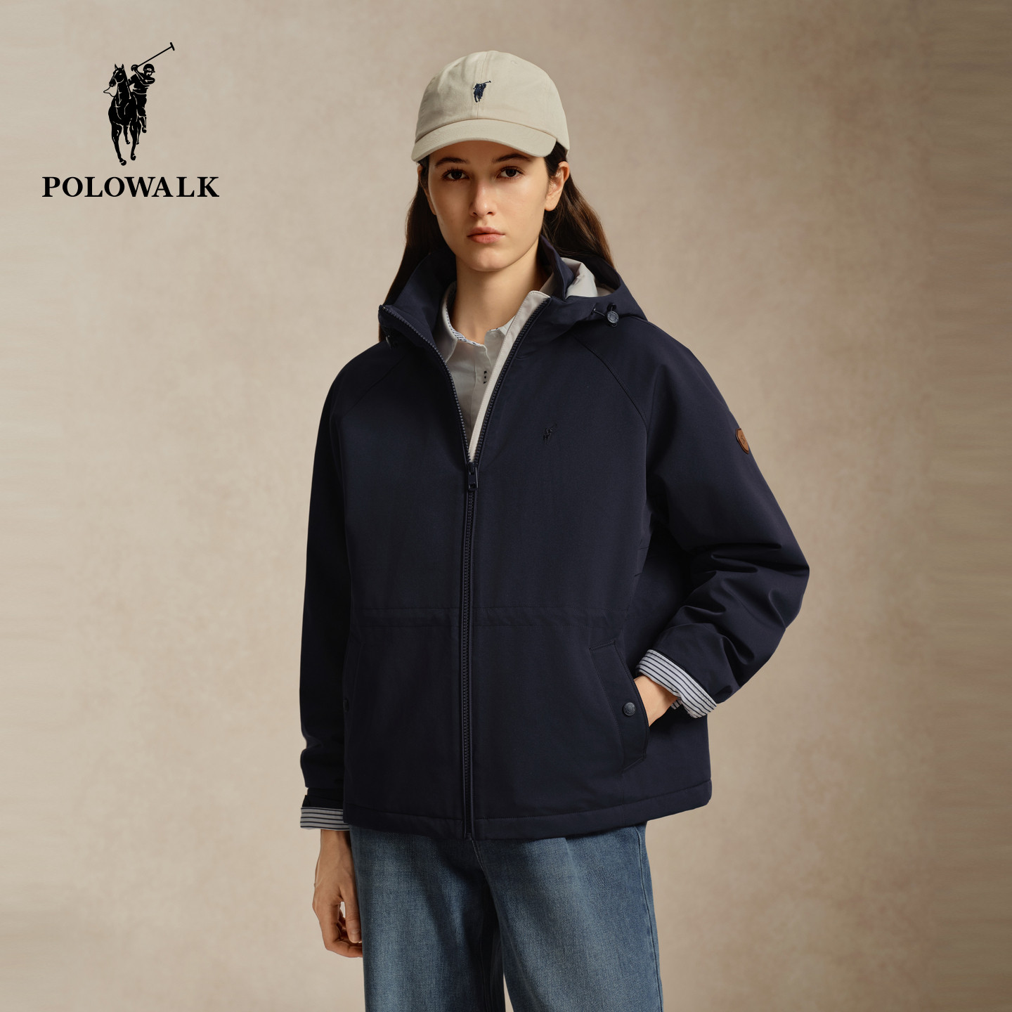 POLOWALK女式外套2026冬季新品工装风连帽纯色连帽棉服舒适外套