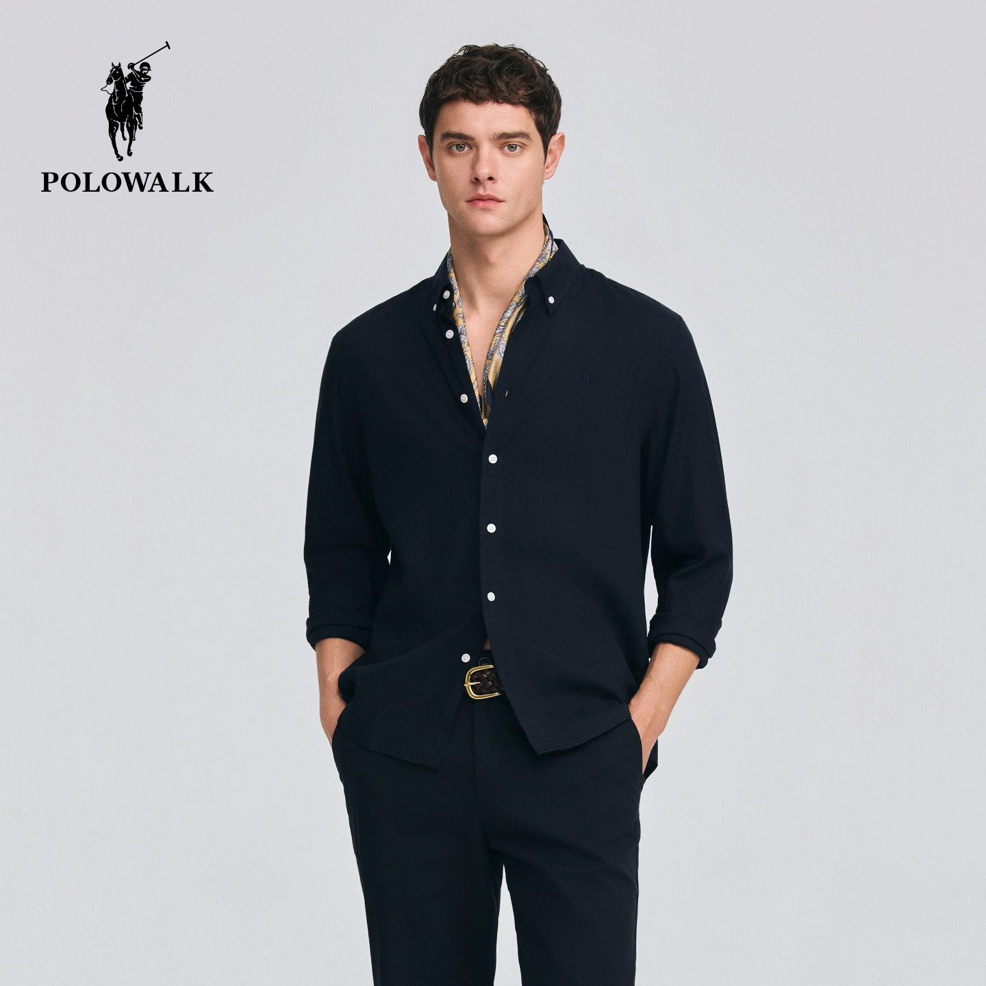 POLOWALK男式长袖衬衫2026春季新品简约纯色纽扣领长袖通勤衬衫