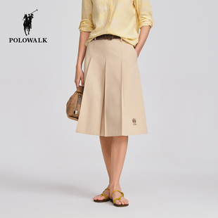 学院风编织腰带A字宽褶半身裙 新品 POLOWALK女式 半裙2026春夏裤