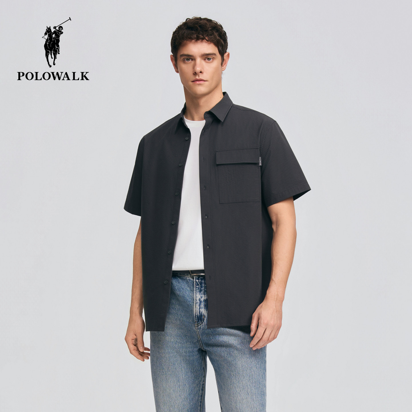 【套装】POLOWALK男式短袖衬衫2026夏季新品竖条纹短袖衬衫短裤