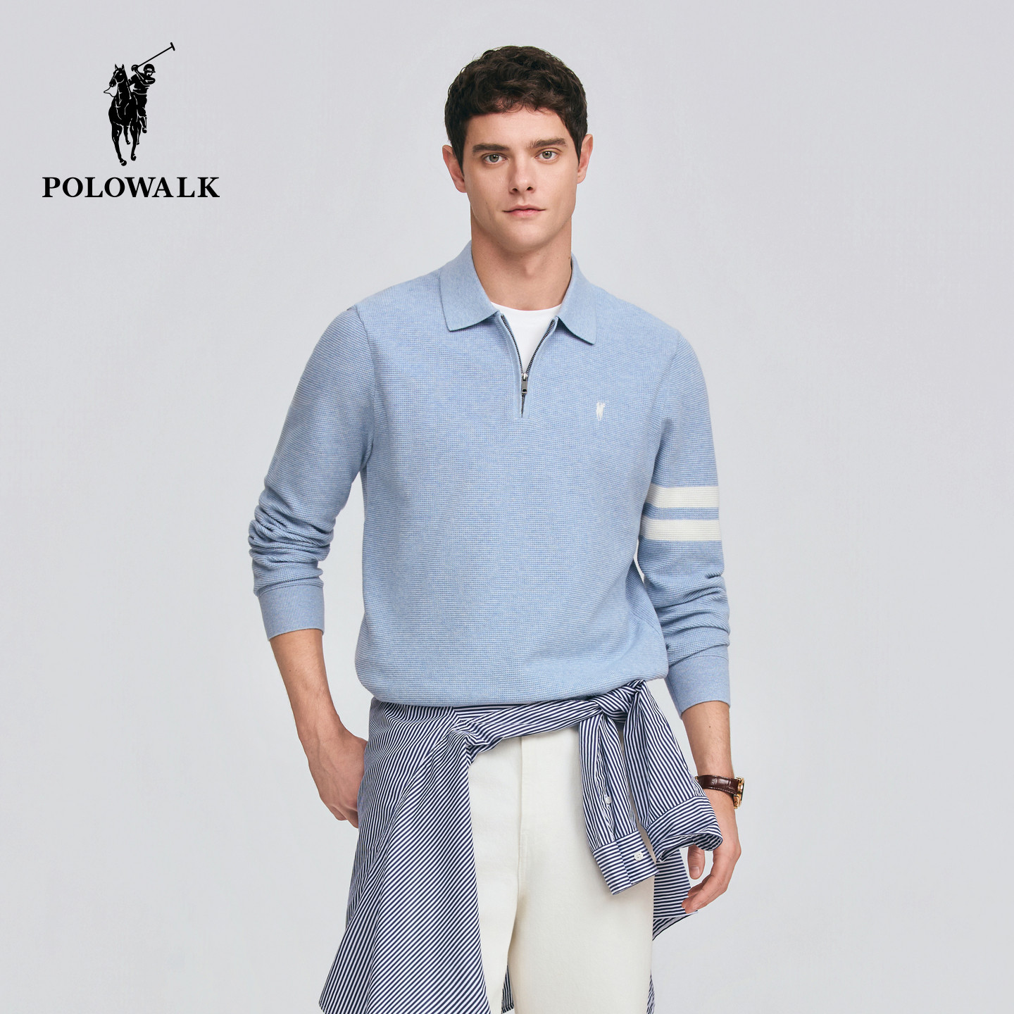 POLOWALK翻领假两件套头针织衫