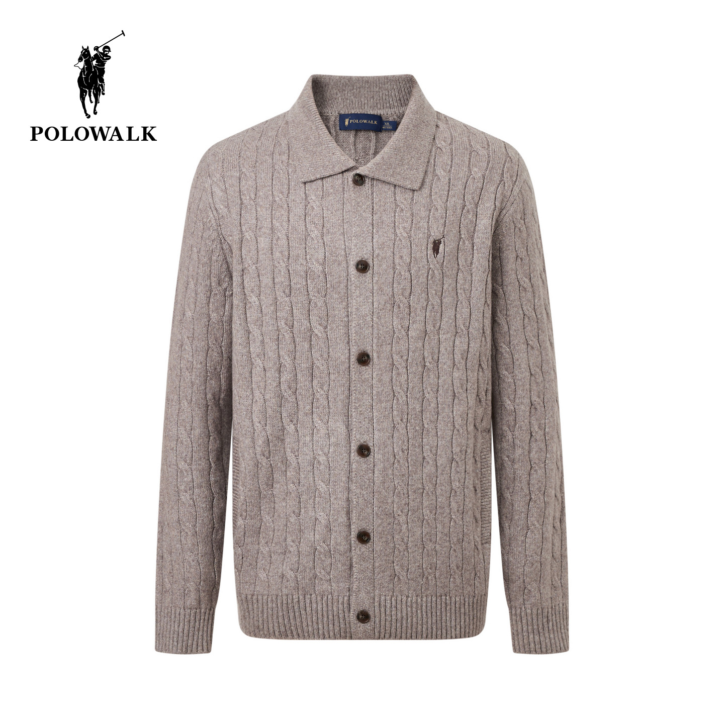 【含羊毛】POLOWALK男式针织衫2025冬季新品绞花翻领针织开衫上衣
