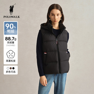 POLOWALK羽绒马甲女秋冬新款 90绒连帽保暖纯色百搭面包羽绒背心女