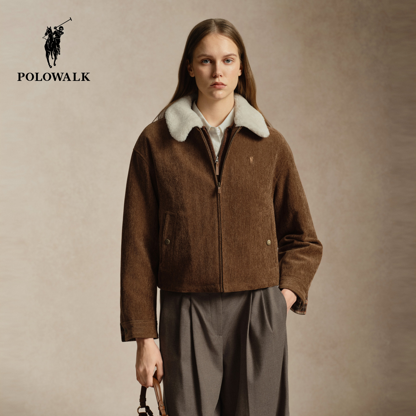 POLOWALK女式短款拉链外套2026冬季新品美拉德风撞色翻领复古棉服