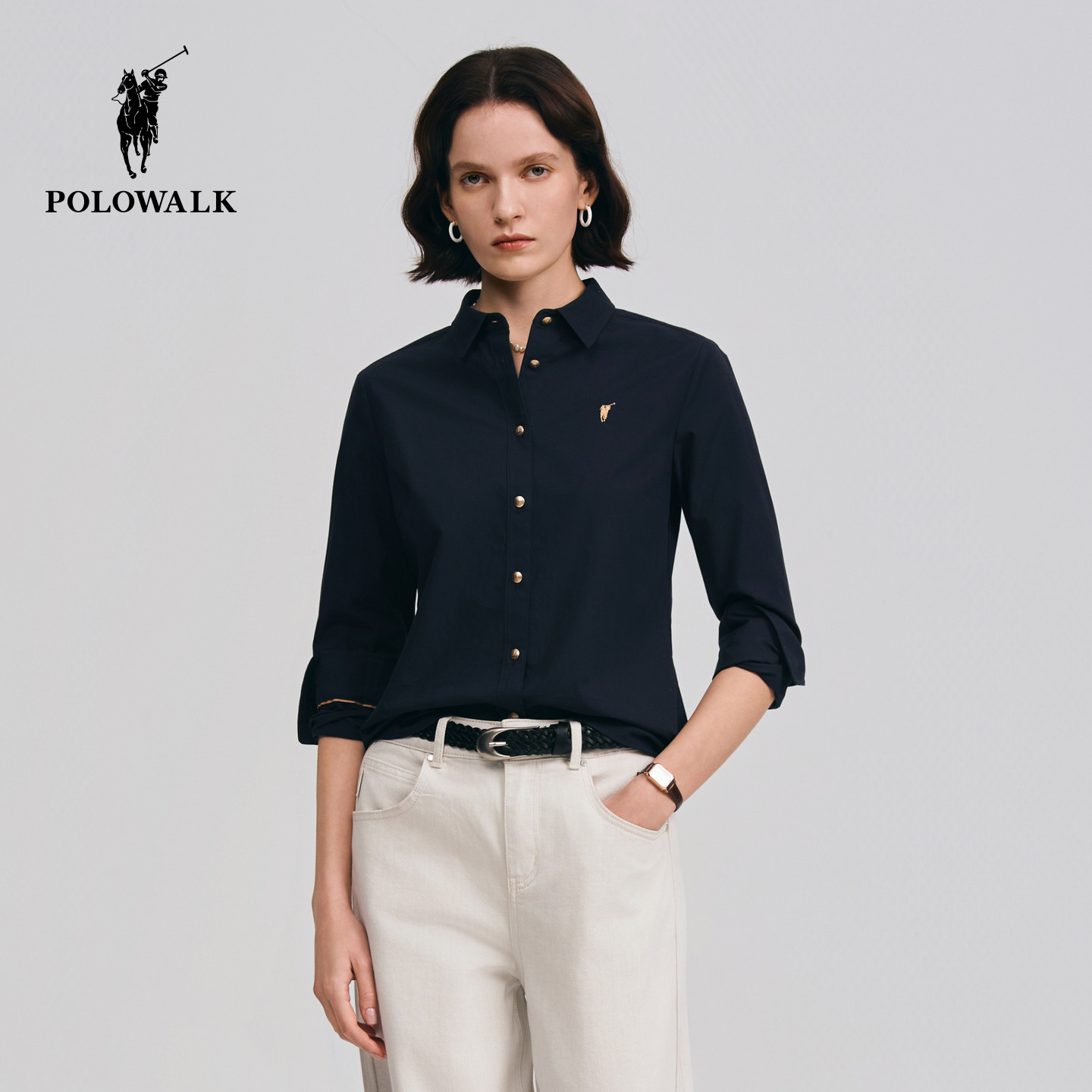 【100%棉】POLOWALK女式长袖衬衫2026春季新品商务休闲通勤衬衣