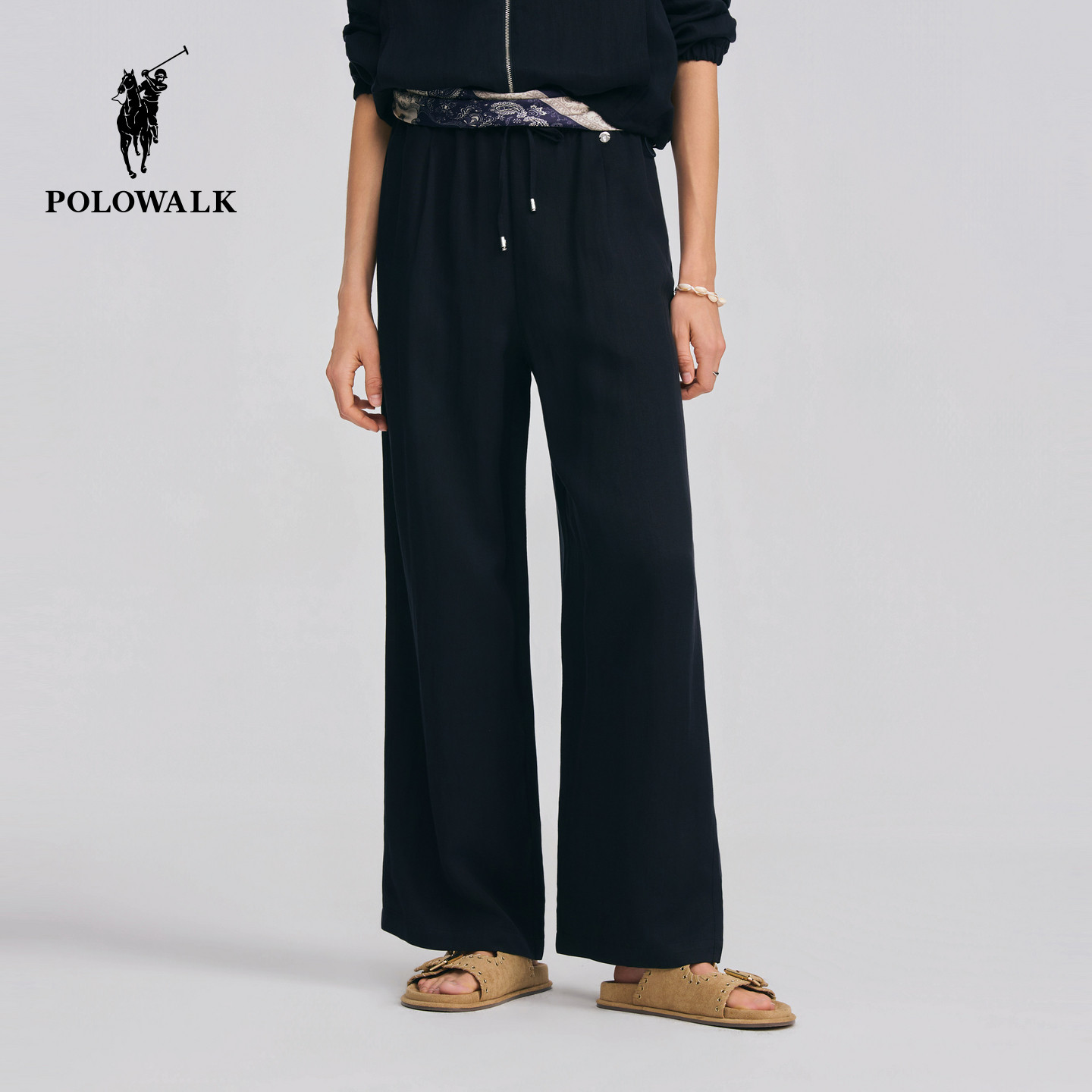 POLOWALK女式休闲裤2026春夏裤新品直筒简约松紧腰纯色休闲长裤