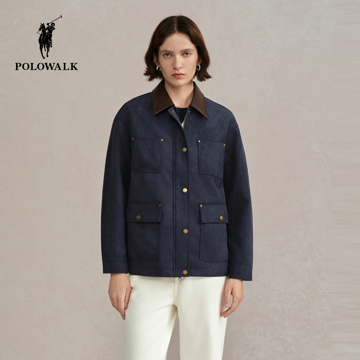 POLOWALK女式外套2025秋季新品复古工装风直筒通勤翻领休闲外套女