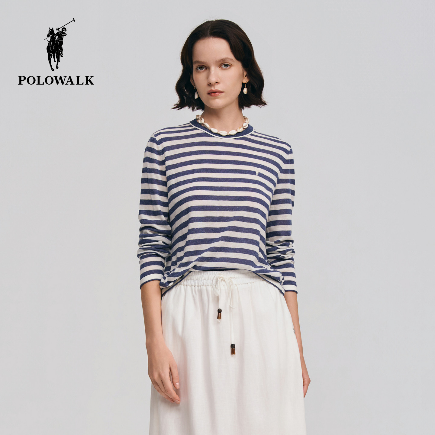 POLOWALK女式针织衫2026春季新品亚麻混纺圆领撞色条纹长