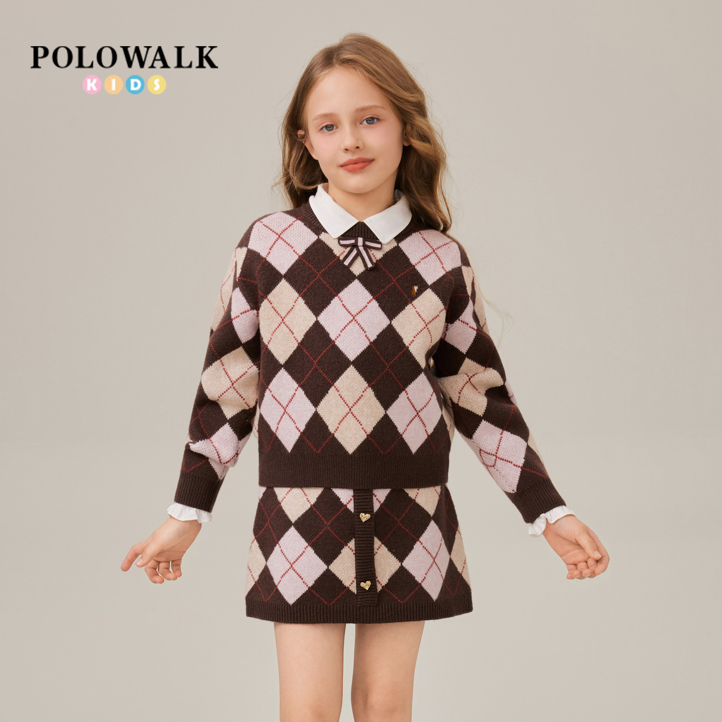 POLOWALK童装女童长袖套装秋季时尚菱格提花针织女童套装