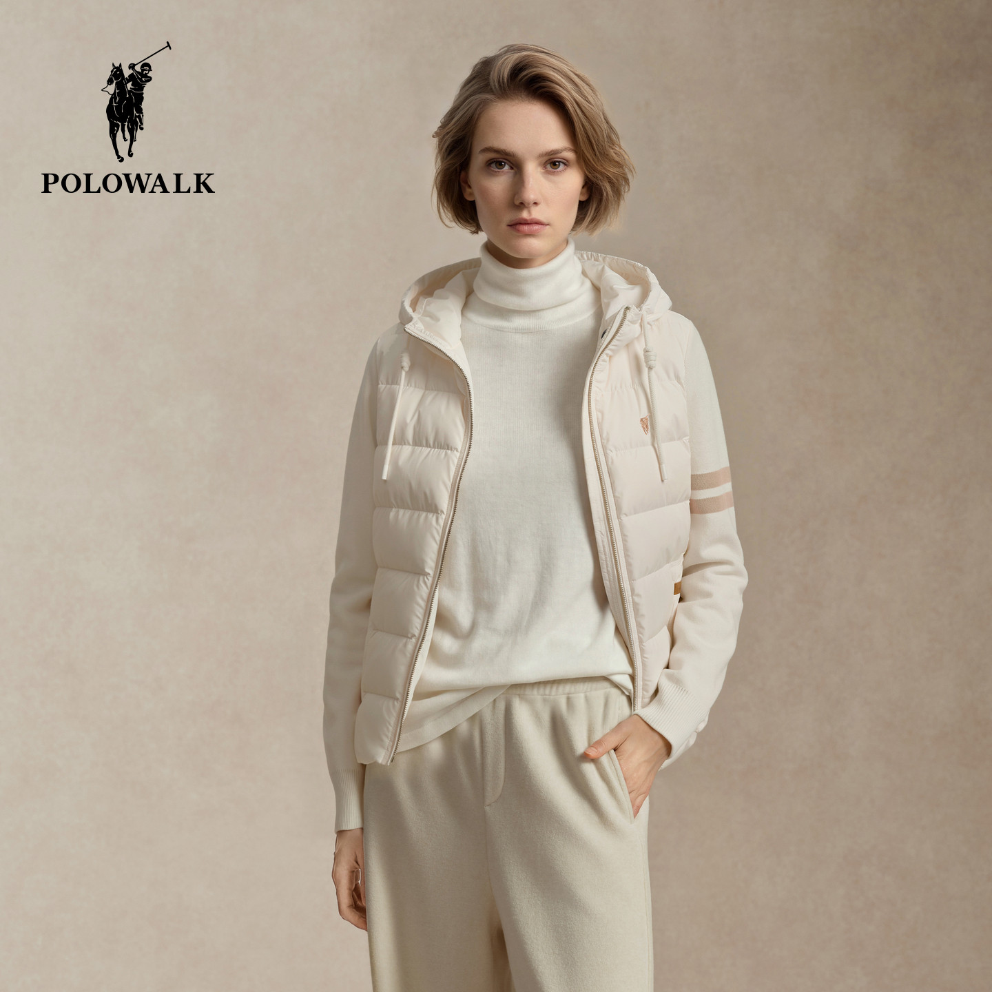 【90鸭绒】POLOWALK女式羽绒服2026冬季针织拼接中厚保暖拉链外套