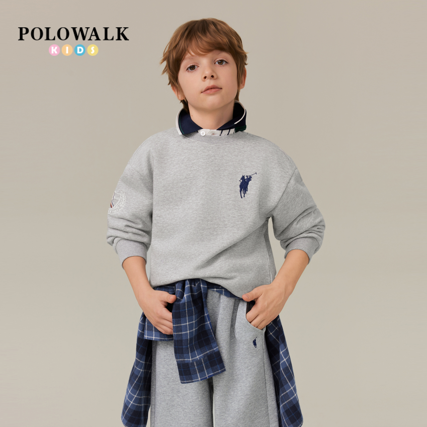 POLOWALK童装男童卫衣2025秋季新品简约百搭圆领休闲套头上衣大童