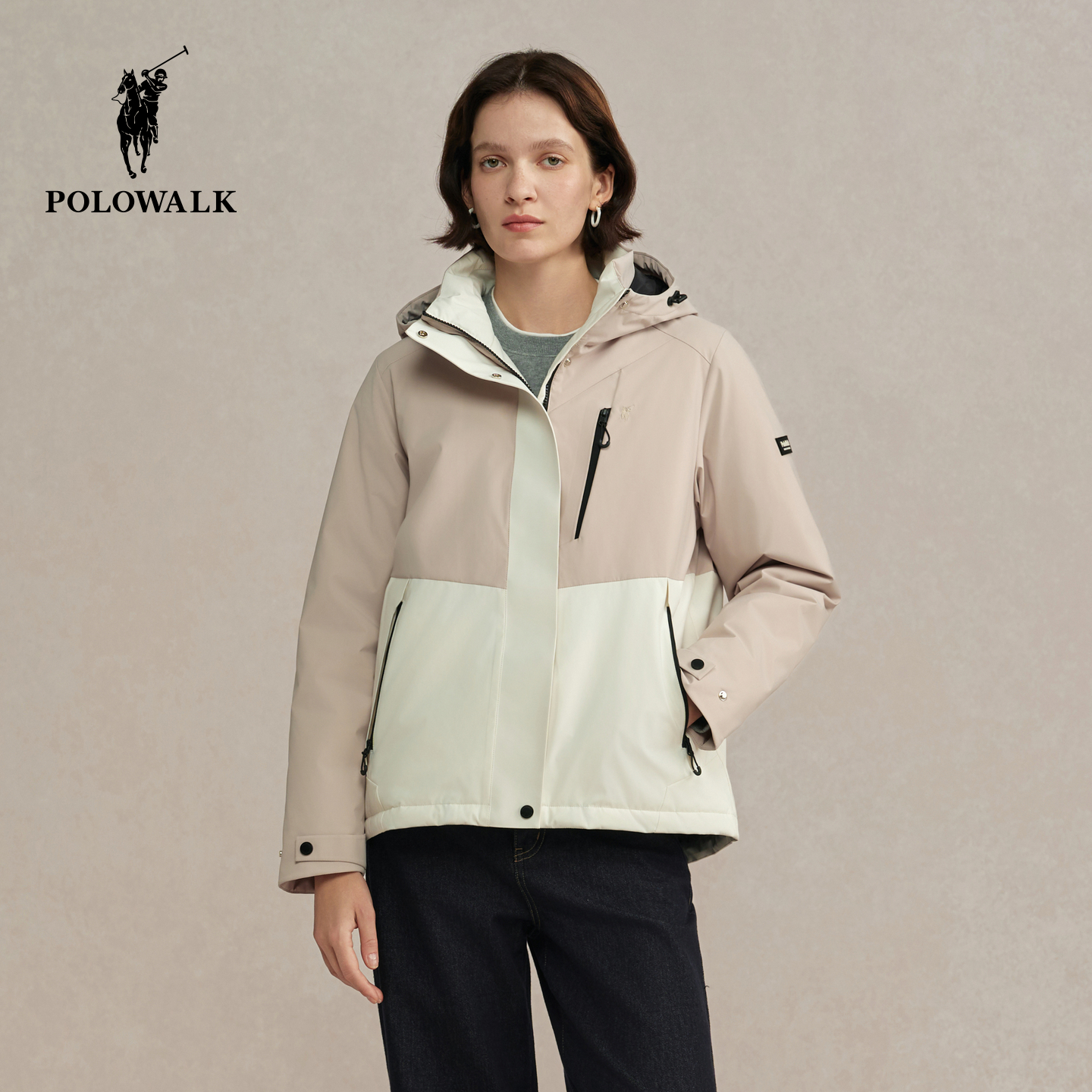 POLOWALK女式羽绒服2025冬季新品90鸭绒户外运动撞色连帽羽绒外套