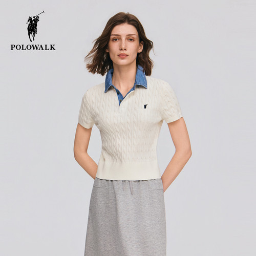 POLOWALK女式短袖针织衫2026夏季新品时尚撞色牛仔翻领绞花针织衫