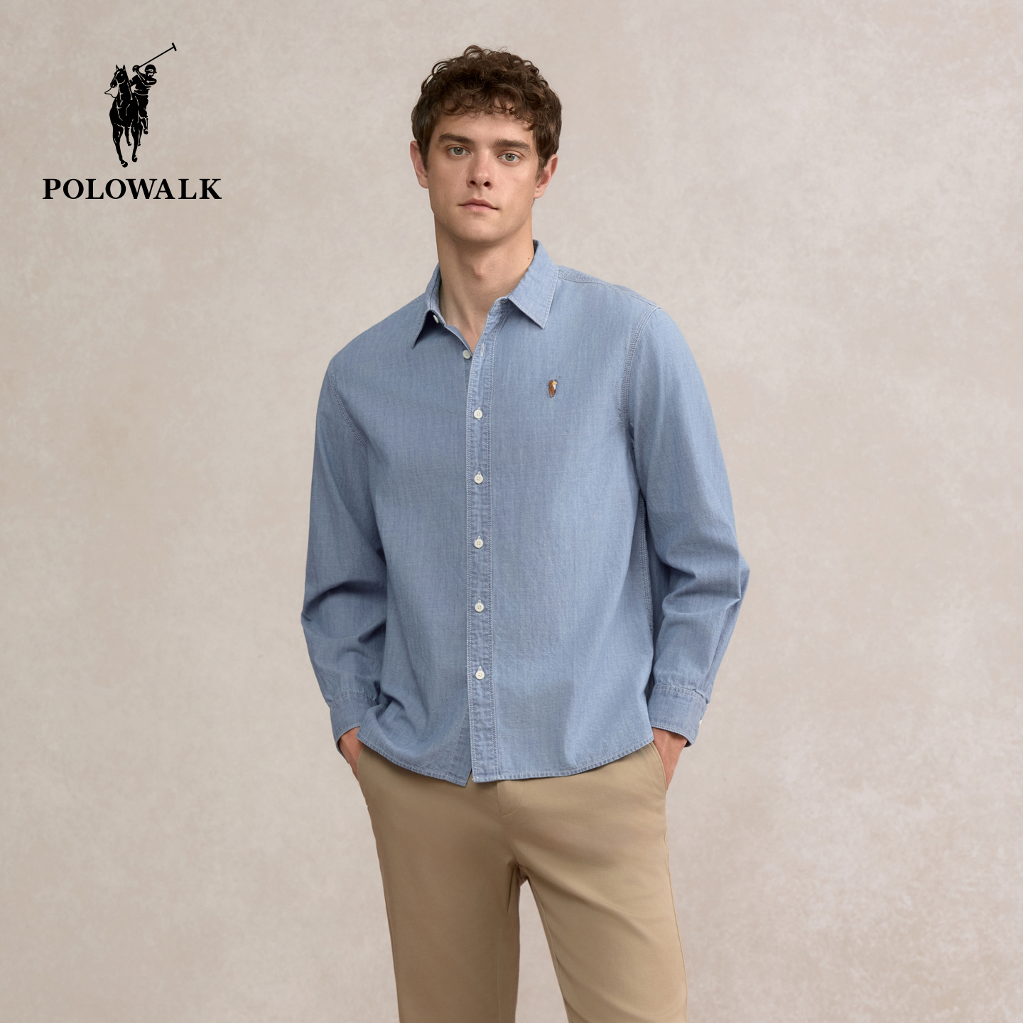 【100%纯棉】POLOWALK男装长袖衬衫2025秋季新品翻领简约衬衣男式