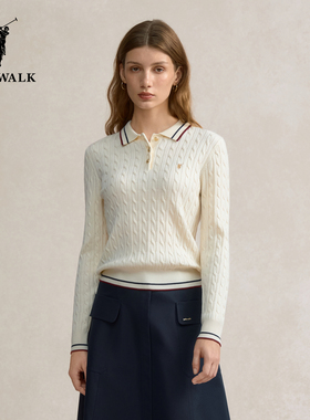 POLOWALK女装2025秋季新品女式长袖针织衫通勤绞花针织套头毛衣女
