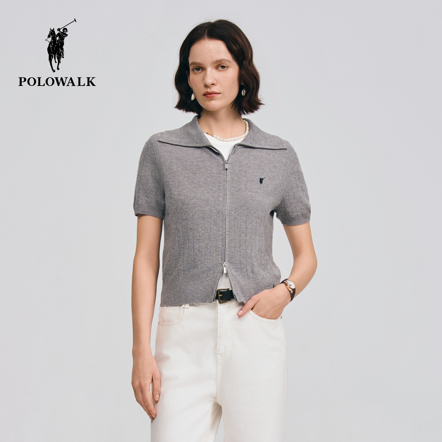 POLOWALK女式翻领短袖针织衫2026夏季新品优雅显瘦针织开衫T恤女