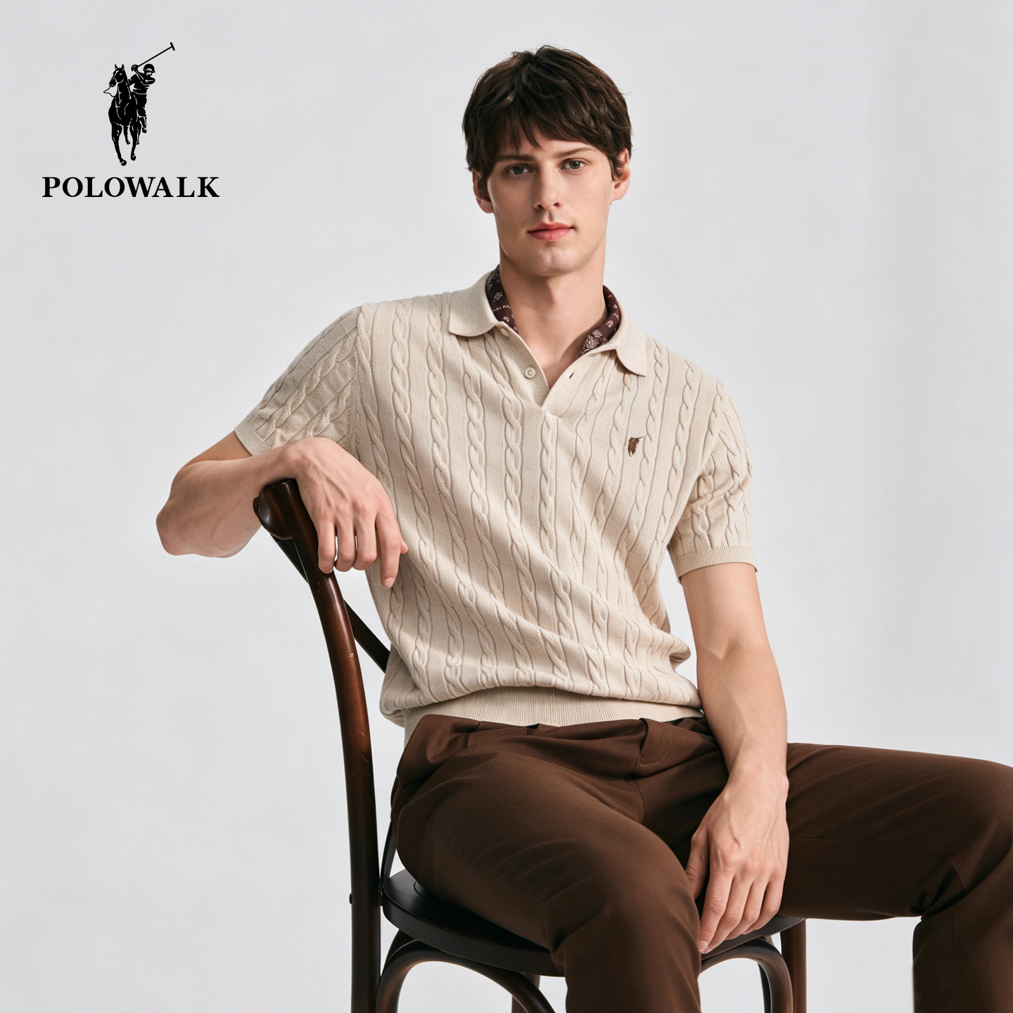 POLOWALK绞花短袖针织衫图片