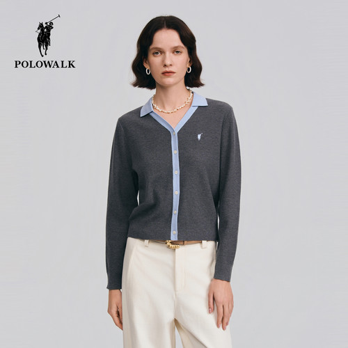 POLOWALK女式长袖针织衫2026春季新品撞色小V领显瘦女装针织开衫