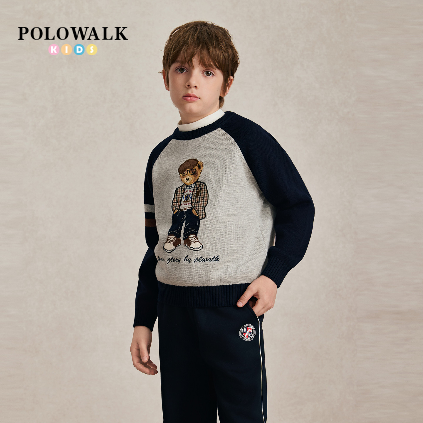 【100%棉】POLOWALK男童针织衫2026秋季新品撞色圆领趣味小熊毛衣
