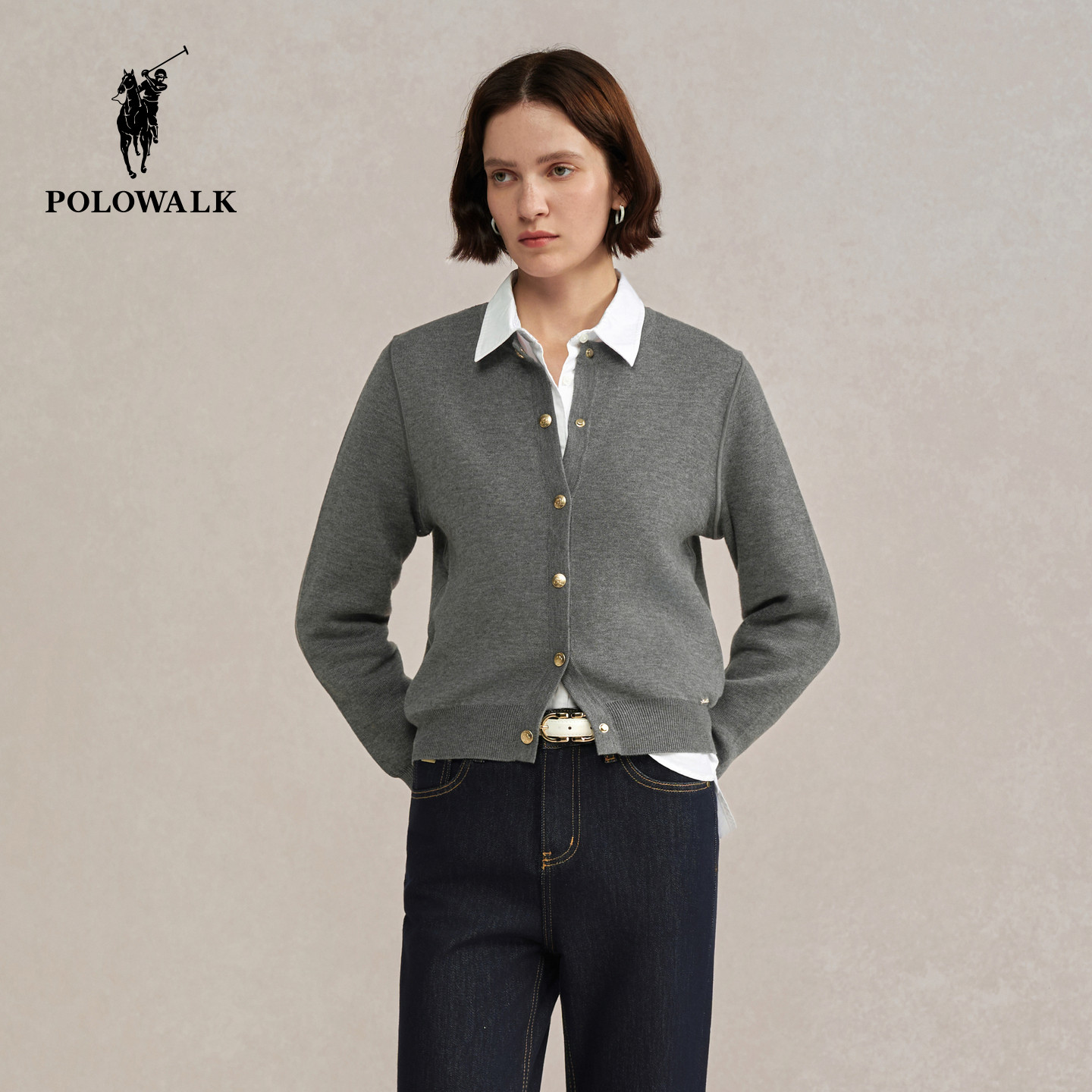 POLOWALK女式长袖针织衫2025秋季新品百搭通勤圆领显瘦针织开衫女