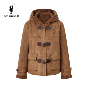 POLOWALK女式外套2025冬季新品经典复古加绒连帽羊角扣外套女装