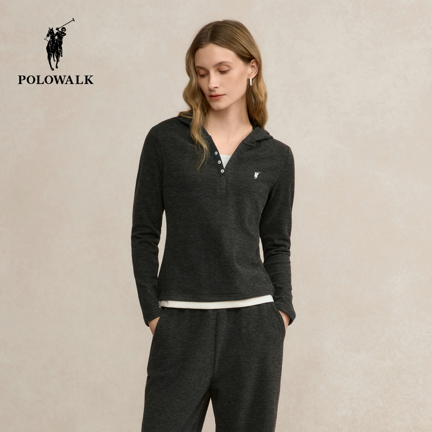 POLOWALK女式长袖T恤2025秋季新品潮流假两件连帽加绒套