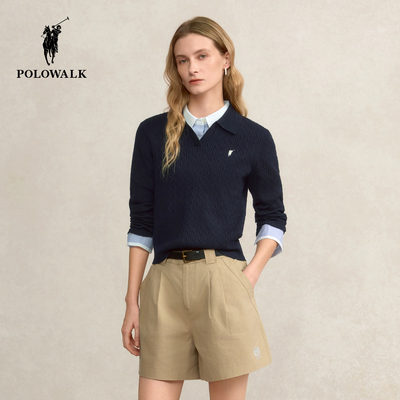 【含绵羊毛】POLOWALK女式长袖针织衫2025秋季新品优雅绞花打底衫