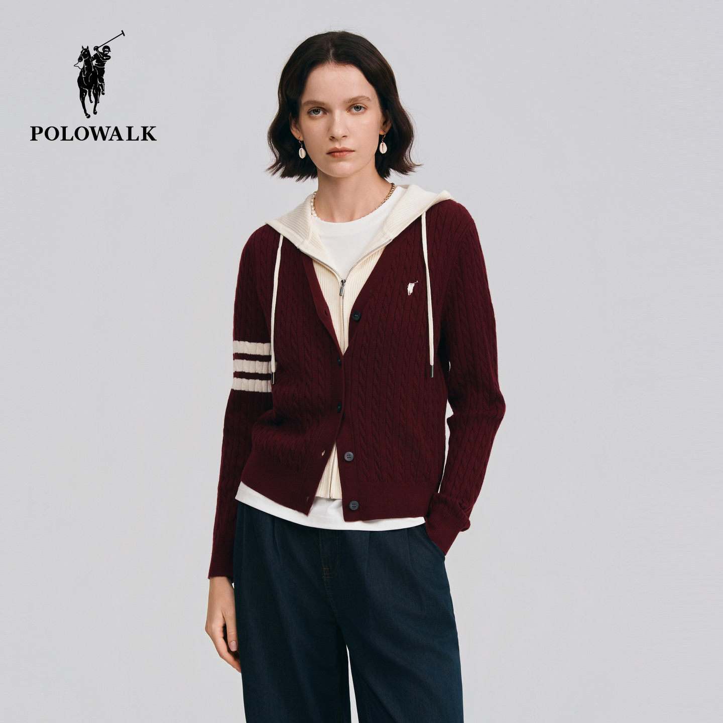 POLOWALK女士长袖针织衫2026春季新品时尚假两件撞色拼接针织外套