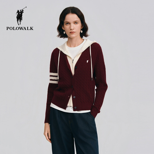 POLOWALK女士长袖针织衫2026春季新品时尚假两件撞色拼接针织外套