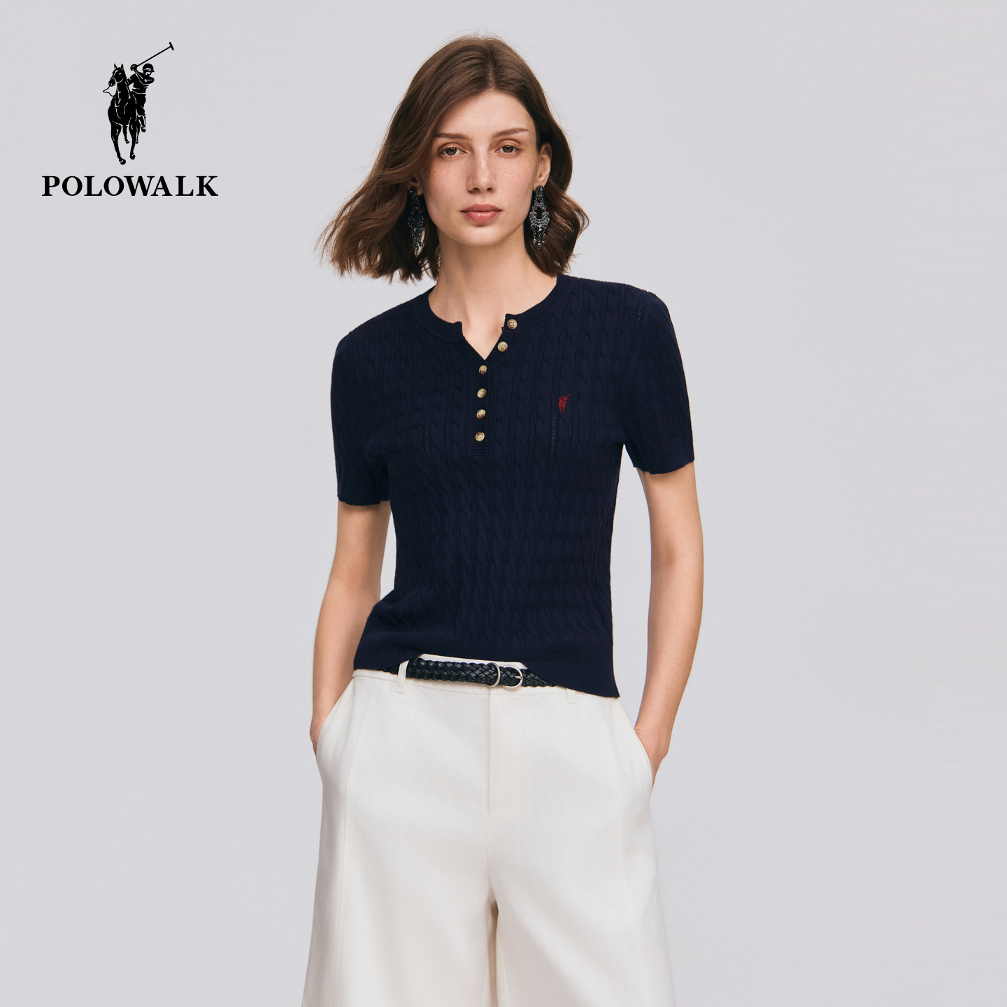 POLOWALK女式短袖针织衫2026春夏新品圆v领绞花肌理感套头上衣