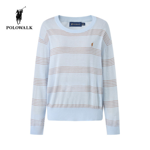 【含亚麻】POLOWALK女式长袖针织衫2026春季新品撞色条纹针织衫