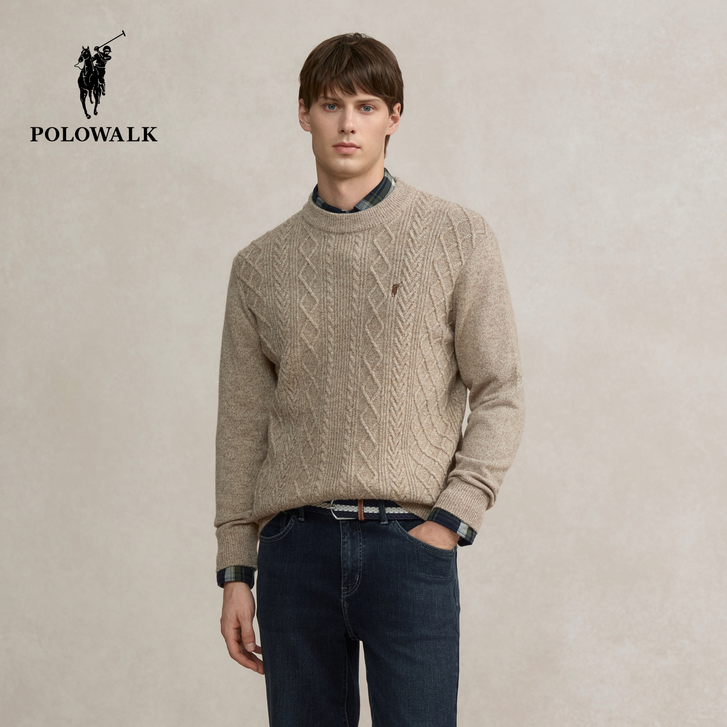【100%棉羊毛】POLOWALK男式羊毛衫2025冬季新品绞花圆领套头上衣